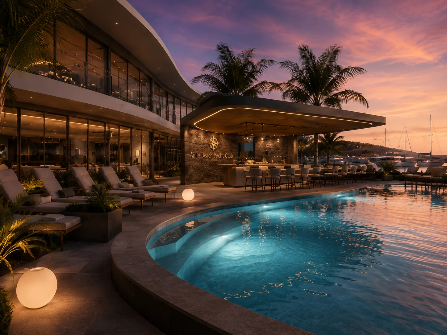 Waterfront pool and bar artist impression at sunset